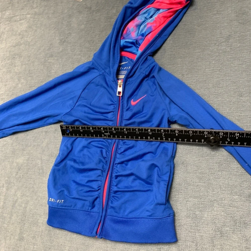 Nike Dri-Fit Full Zip Hoodie Girls 3T Blue Pink Swoosh Raglan Sleeve Activewear